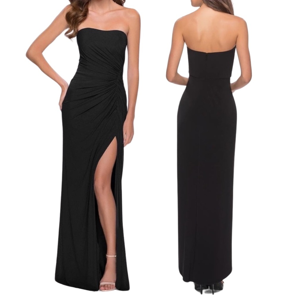 LA FEMME NWT Black Strapless Ruched Gown